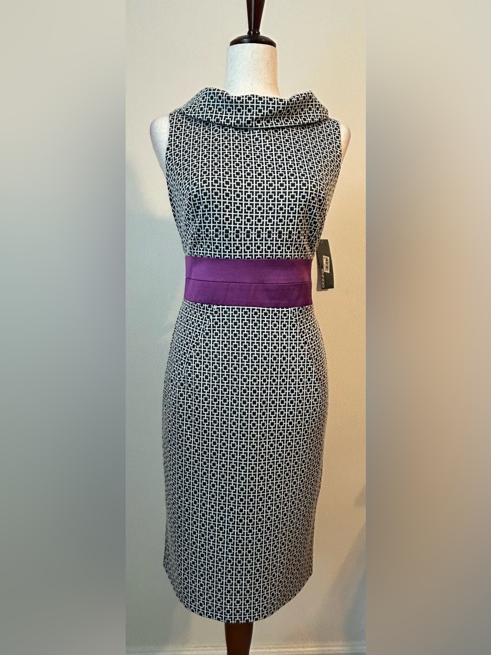 NWT Donna Ricco Black White Sheath Dress Purple Waist Size 6